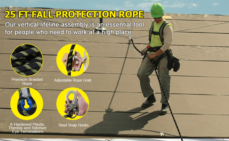 Vertical Lifeline Rope Assembly 25 ft with Rope Grab Snap Hooks Shock