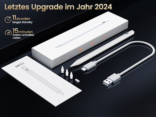 Weißer elektronischer Stift- oder Stiftgerät mit USB-Ladekabel, Ersatzspitzen و Verpackung mit dem Text 2024 Upgrade