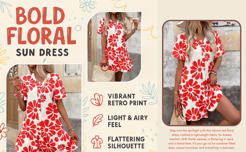 Model wearing red floral sun dress outdoors styled with a hat and natural woven tote