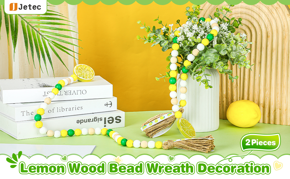 2 Pieces Lemon Wood Bead Garland with Tassels Farmhouse Rustic Lemonade Bead Garland