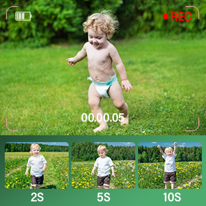 Écran du smartphone montrant l'interface d'enregistrement vidéo. Image principale d'un enfant qui court sur l'herbe. Le bas montre la chronologie de la vidéo avec des aperçus miniatures.