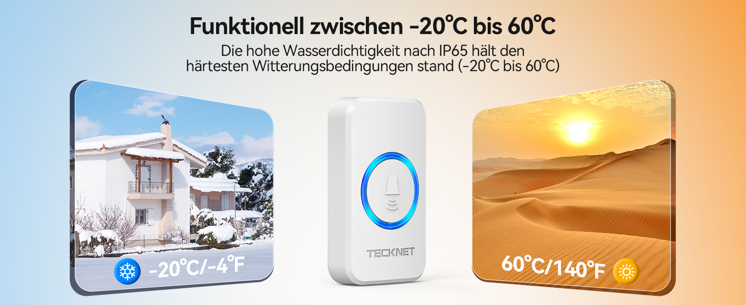 Der Text lautet 'Funktionell zwischen -20°C bis 60°C'. Produktbilder, die die Funktionen des Temperaturbereichs mit Symbolen für heiße und kalte Einstellungen zeigen.