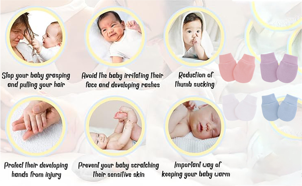 Infographic showing baby care tips with images and text, including preventing hair pulling, avoiding thumb sucking, and using mittens to keep baby warm.