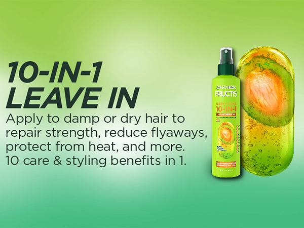 10-in-1 leave in: apply to damp or dry hair to repair strength, reduce flyaways, protect from heat