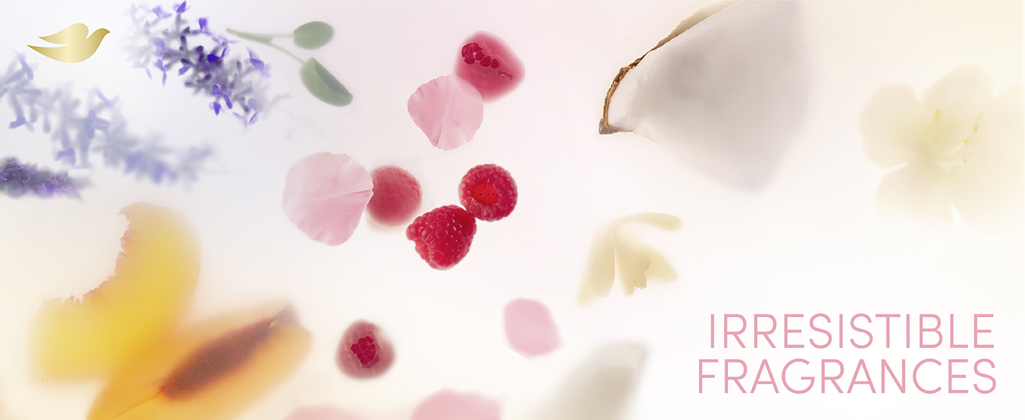 Dove's "Irresistible Fragrances" ad showcases a blend of lavender, peach, rose petals, raspberries