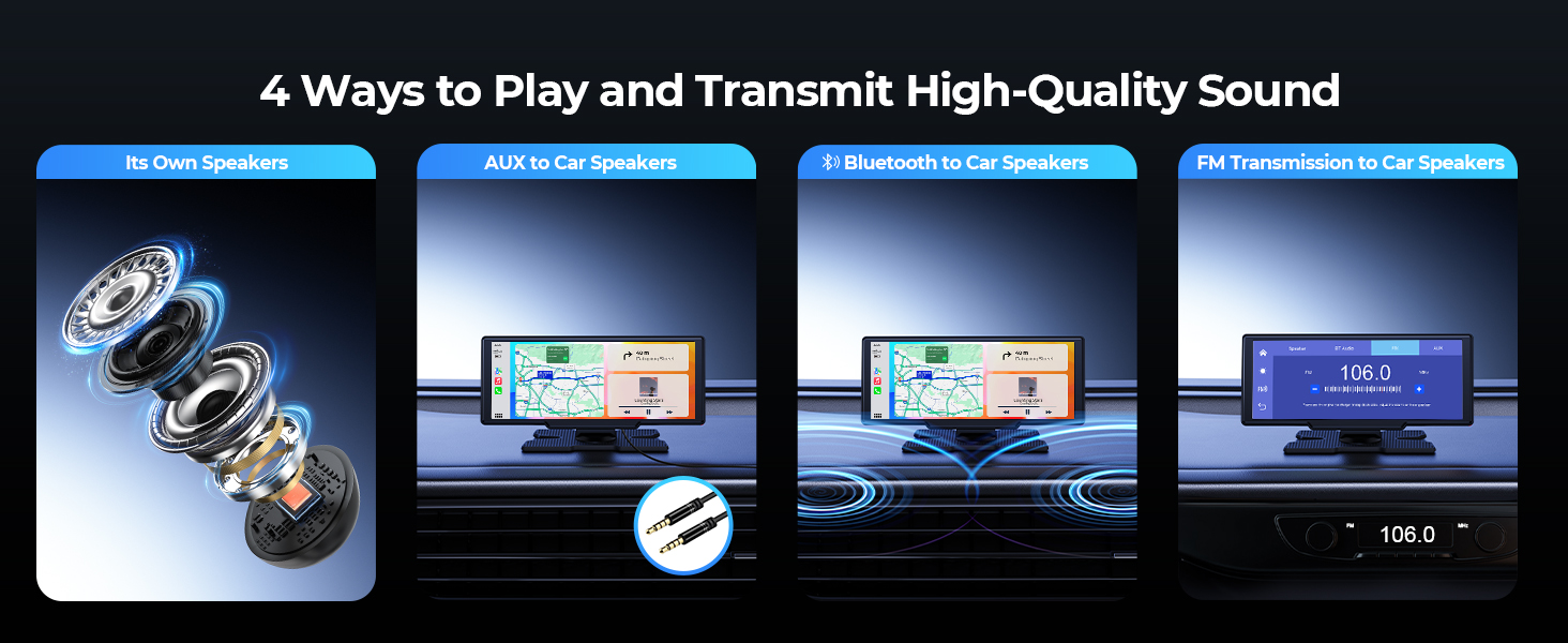 Four-panel diagram showing different audio transmission methods, featuring exploded device view and connection scenarios with digital displays.