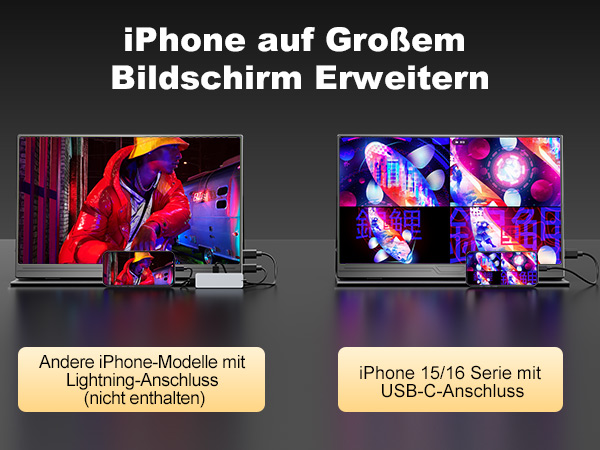 Bildschirmspiegelungsgerät mit iPhone-Verbindungsoptionen. Das geteilte Bild zeigt die Lightning- und USB-C-Kompatibilität für die Anzeige von Telefoninhalten auf größeren