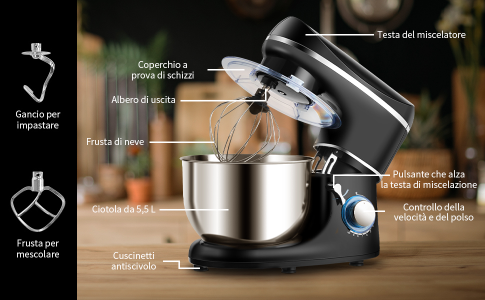RELAX4LIFE Robot Da Cucina Con 10 Velocità, 1300 W, Impastatrice E Planetaria Multifunzionale, Basso Rumore, Testa Inclinata Regolabile, Per Pane, Dolci E Pizza (nero) 14 1