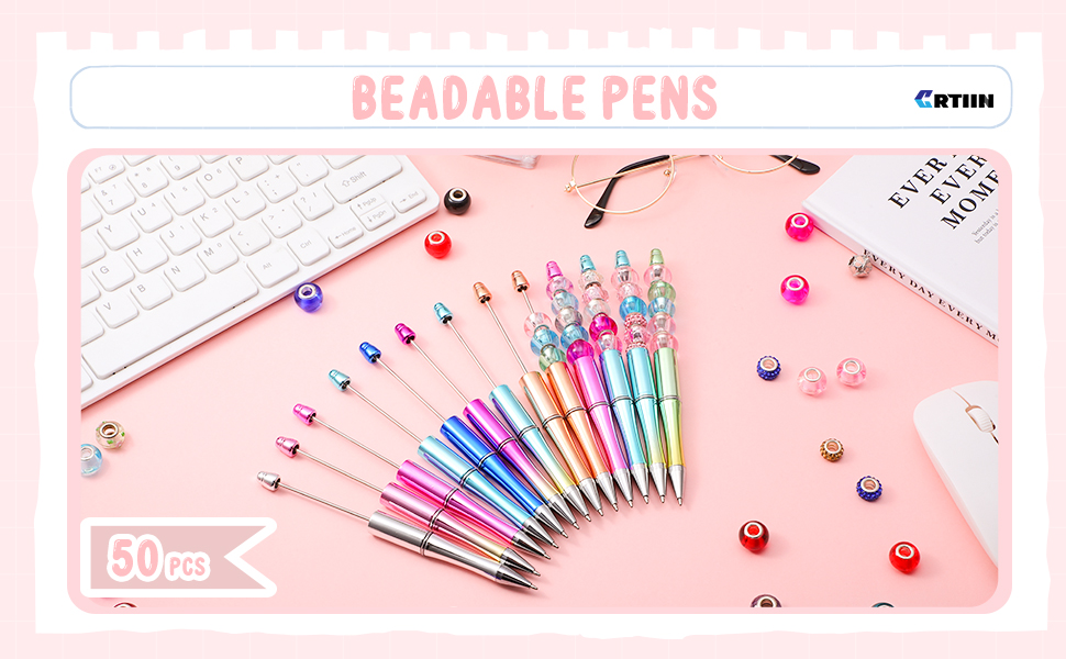Crtiin 50 Pcs Plastic Beadable Pen Bead Pen Bulk Shaft Ink