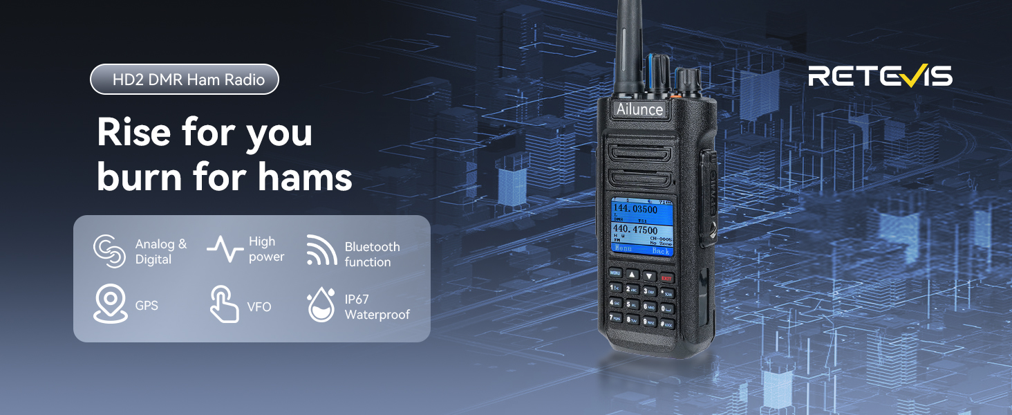 Retevis Ailunce HD2 DMR Radio, HD1 New Version, Handheld Ham Radio with GPS, Bluetooth, 3200mAh Battery, Digital Two Way Radio, 500K Contacts NOAA Emergency, Long Range Digital Analog Amateur Radio 2 dmr radio dmr radio handheld 2 way radio long range walkie talkies long range