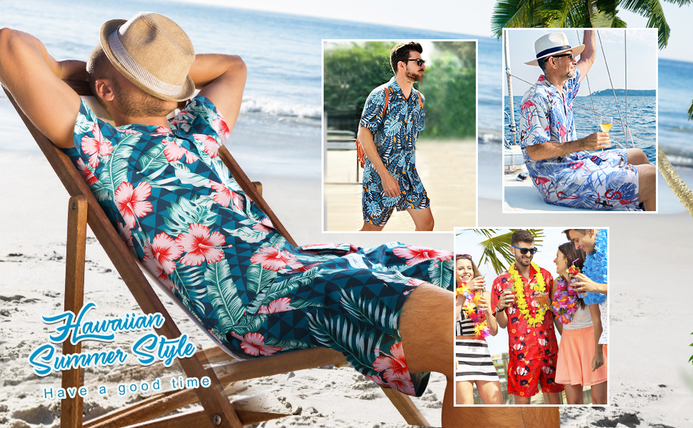 Mens Hawaiian Flower Tropical Shirts and Shorts Suits