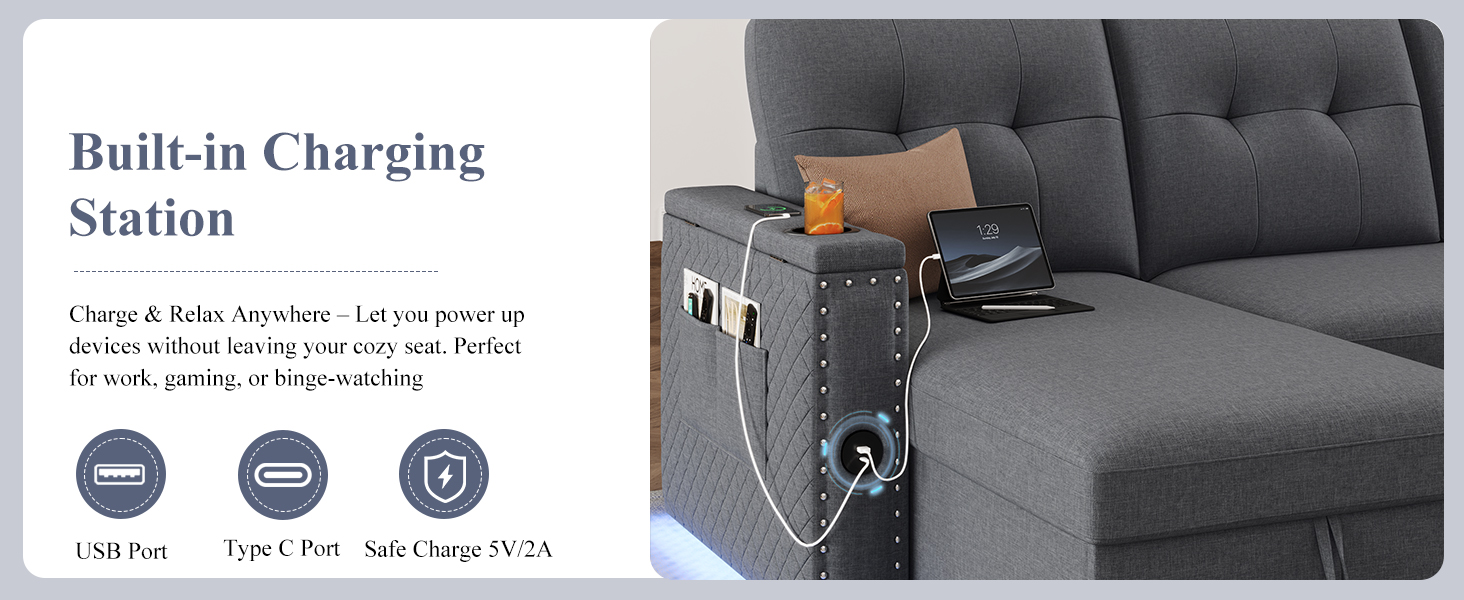 sleeper sofa couch with charging station