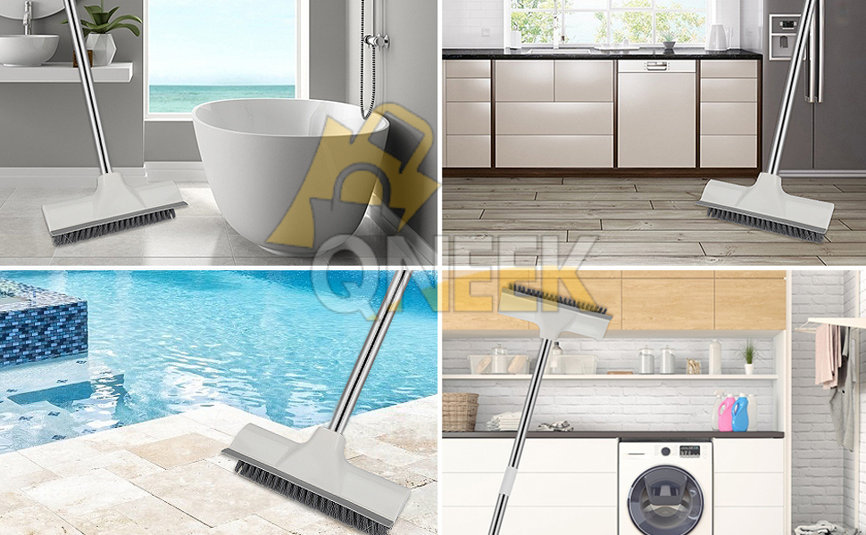 QNEEK Floor Scrub Brush with 48''Long Handle, 2 in 1 Scrape and Brush