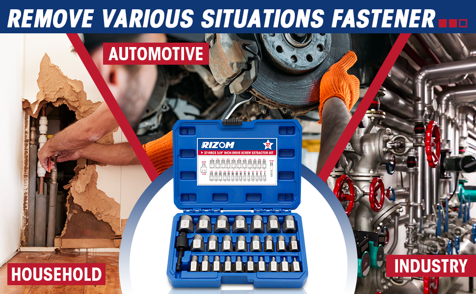 RIZOM 27Piece Screw Extractor Set, 3/8" Inch Drive MultiSpline Easy