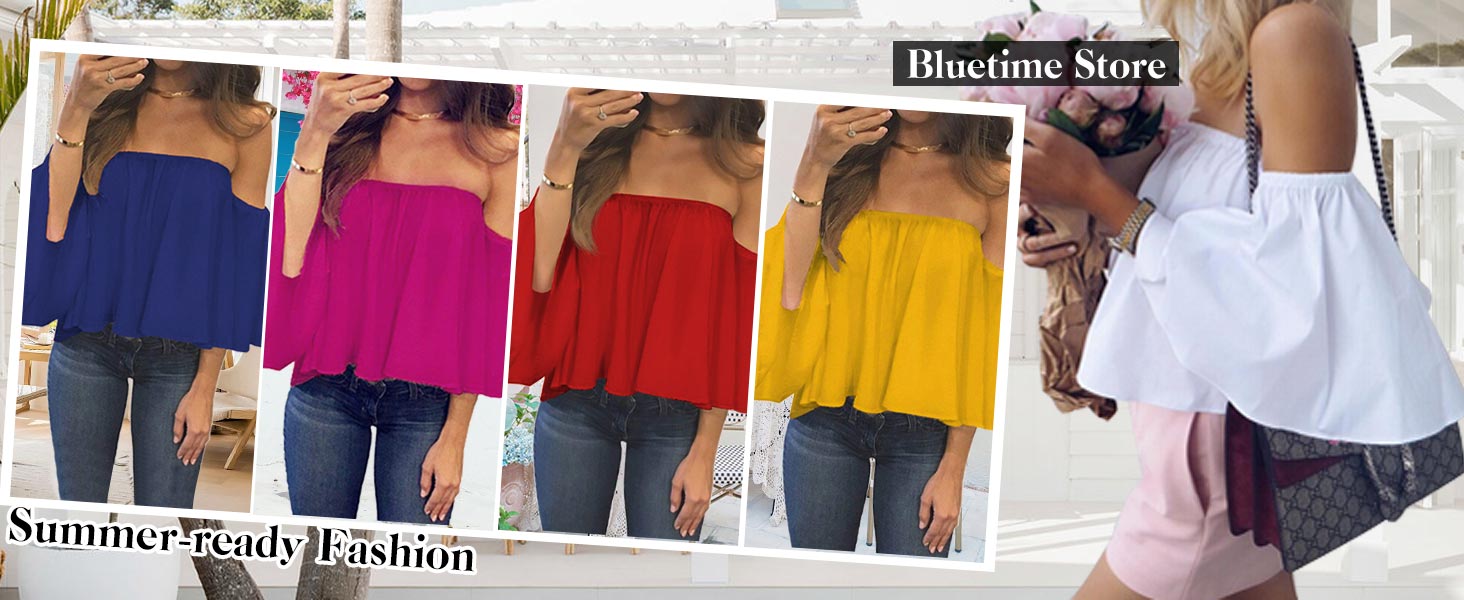 Women Off The Shoulder Blouse Tops Ruffle Bell Sleeve Summer Casual T Shirts