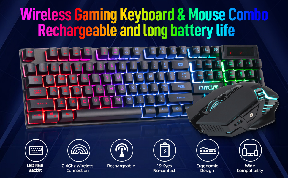 CHONCHOW USB Wireless Gaming Keyboard an... 10 wireless keyboard and mouse gaming rechargeable rgb backlit teclado inalámbrico