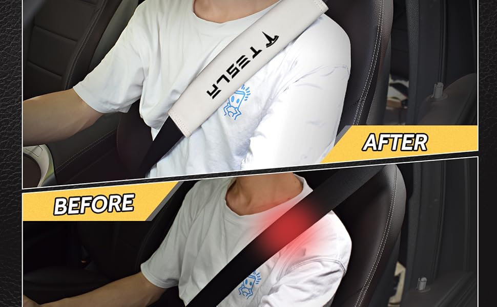 LANFAT 4 Pack Tesla Seat Belt Pad Cover,Leather Seat Belt