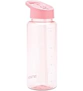 Pink transparent water bottle with flip-top lid and straw, showing measurement markings on side.