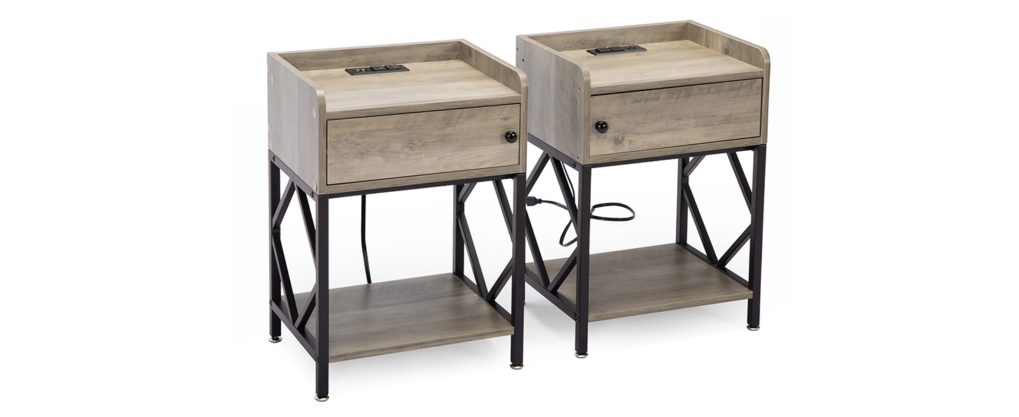Side Table with Charging Station,Set of 2 End Table with