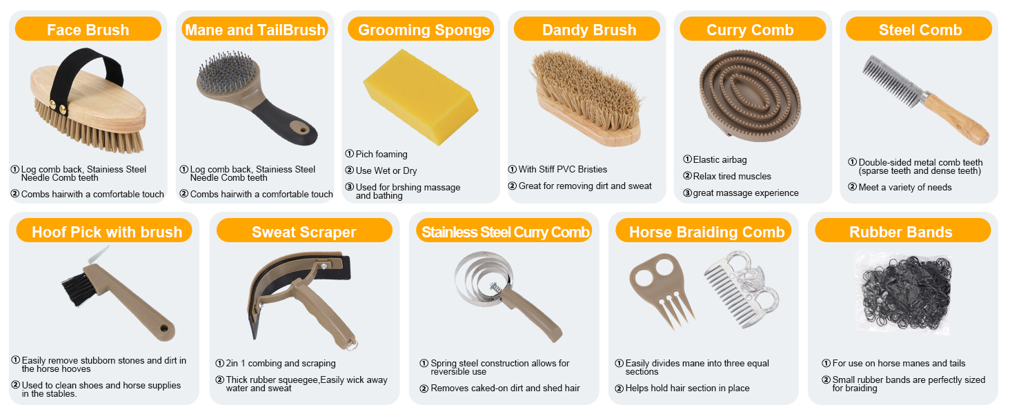 Grid display of various cleaning brushes and tools, each with product specifications. Includes various brush types, cleaning implements, and maintenance tools arranged in rows.