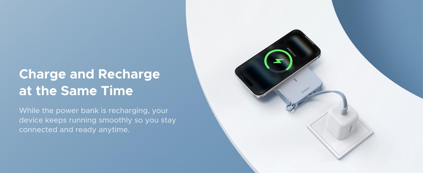 Text reads 'Charge and Recharge at the Same Time'. White wireless charging pad with phone and watch showing simultaneous charging capability against blue-white gradient background.