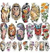 77 Sheets Temporary Tattoo, 17 Sheets Half Arm Cat Fox Owl Flower Buterfly Fake Tattoos for Adult...