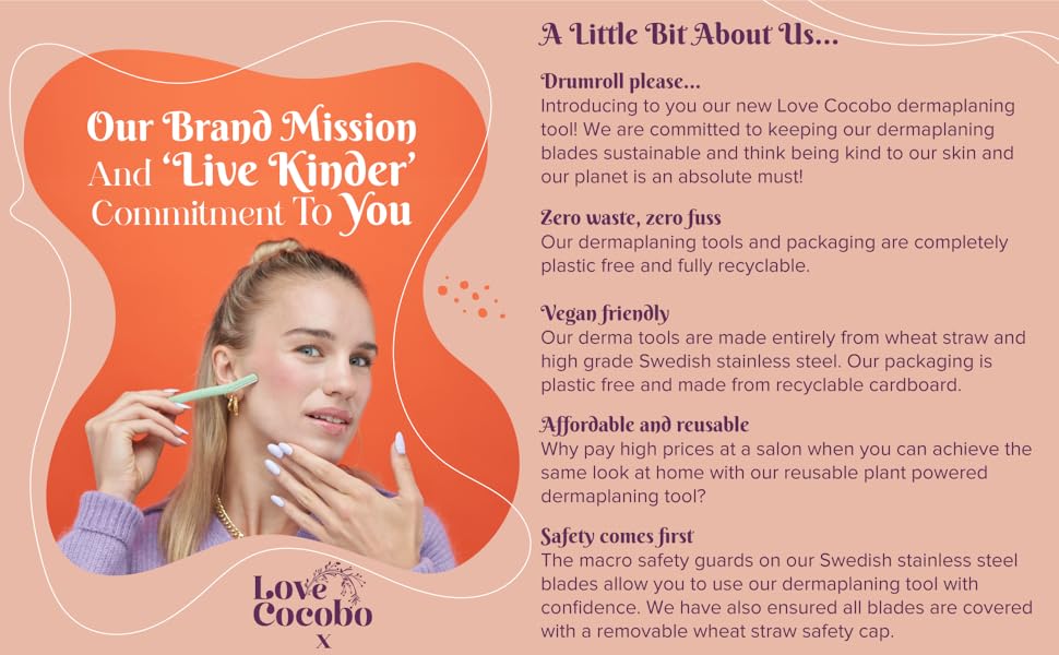 About Us information. Image shows model using peach fuzz remover and eyebrow dermaplane kit.