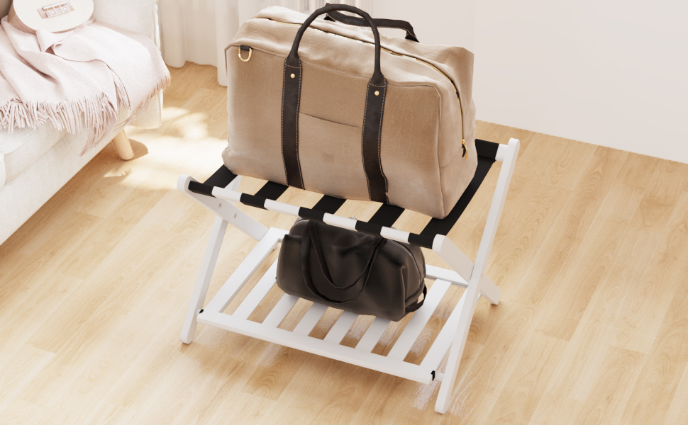 Smuxee Fully Assembled White Luggage Rack, Upgraded Bamboo Foldable Suitcase Stand