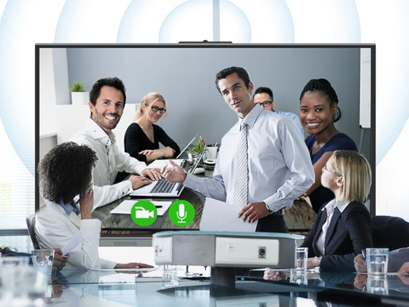 In the office, colleagues use the smart board for video conferencing