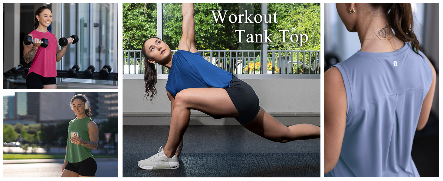 A vibrant collage featuring SANTINY workout tank tops in action. The top left image shows a woman in a pink tank top lifting weights, the top right image displays the back of a blue tank top, the bottom left image features a woman in a green tank top using her phone outdoors, and the center image highlights a woman in a blue tank top performing a side stretch on a mat, showcasing the versatile and breathable design for various workouts.