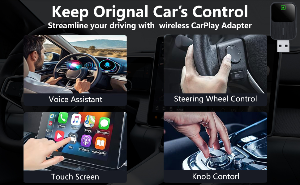 Wireless CarPlay adapter interface showing touch screen, voice assistant, and steering wheel control features with installation steps.