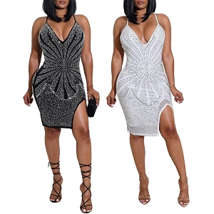 PORRCEY Women Sexy Rhinestone Dresses Party Club Night Dress Birthday Dress