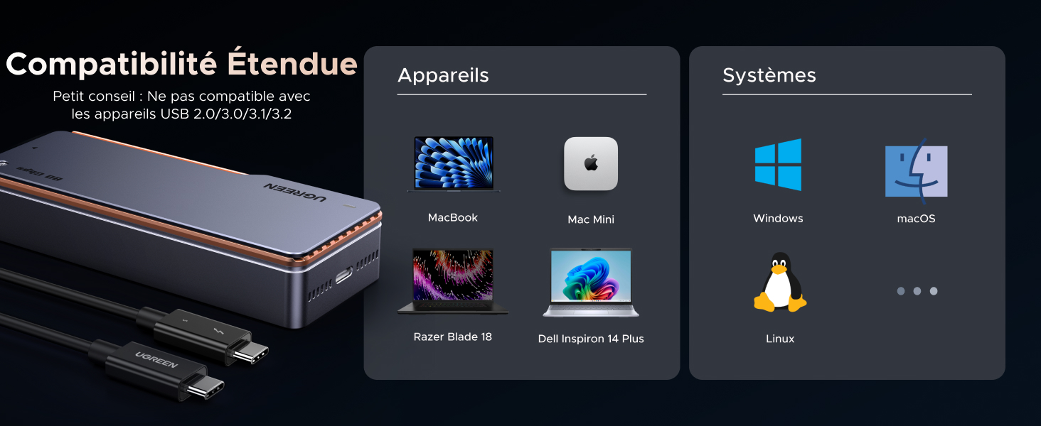 Dispositif SSD externe contenant des informations de compatibilité pour divers systèmes et appareils, notamment Mac, Windows et Linux. Affiche les icônes des plateformes prises en charge.