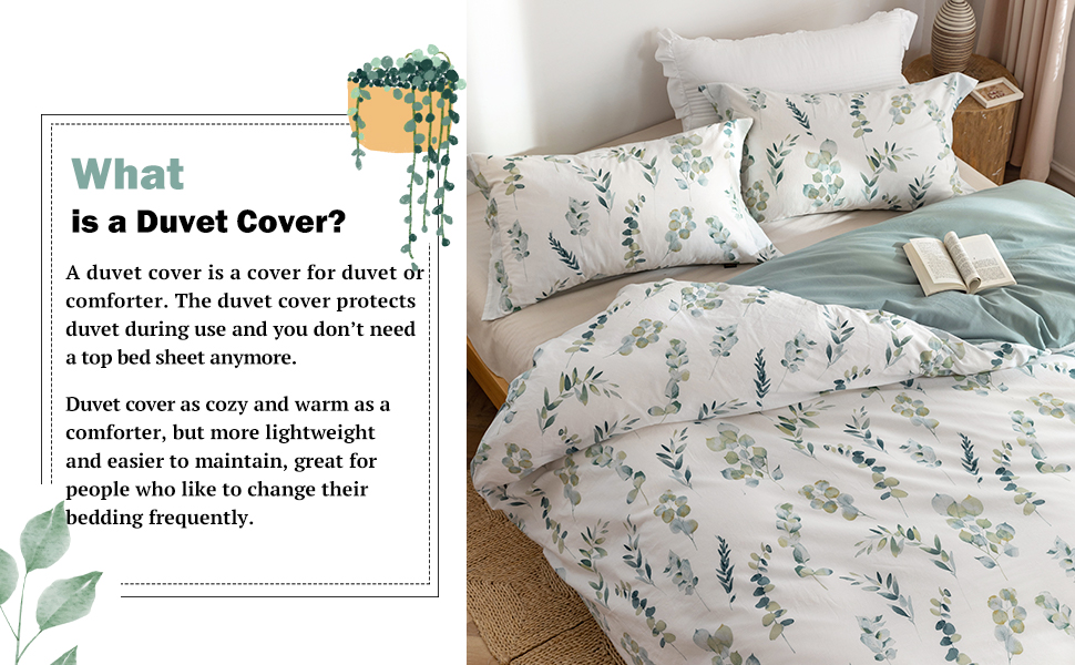 MILDLY Bed Linen 135 x 200 cm Plant Pattern, 100 Washed Cotton Bedding