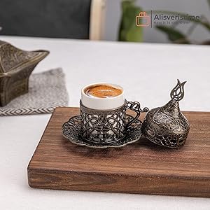 Antique Green Coffee Set, Durable Zamac, Porcelain Cups, Traditional Lale Motifs, Long-lasting