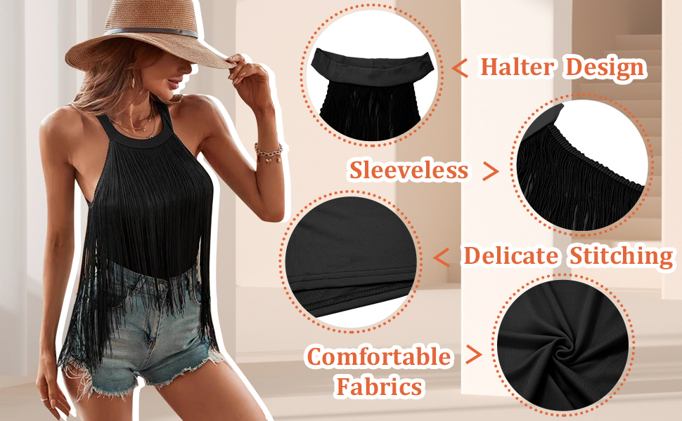 Ladies Fringe Trim Crop Top Sleeveless Halter Neck Irregular
