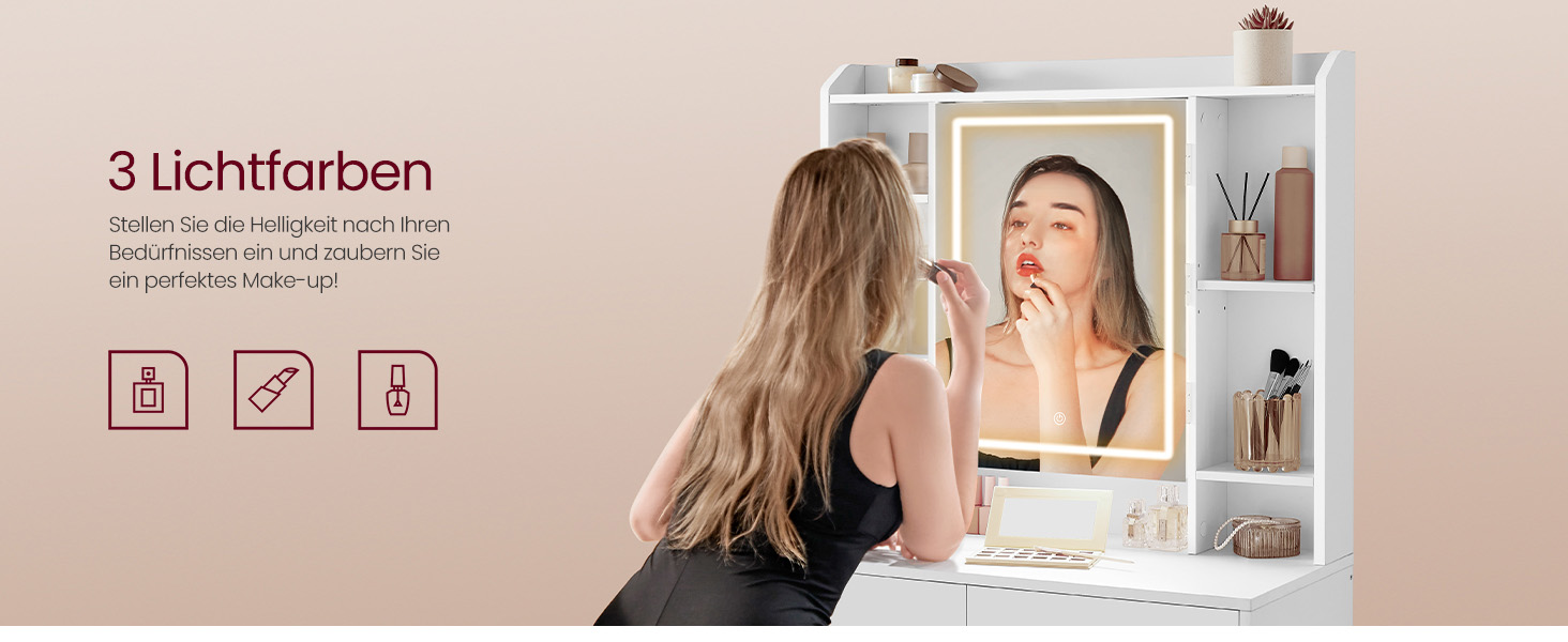 VASAGLE sminkasztal LED-világítással, székkel, felhőfehér színben