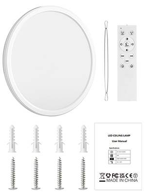 Runde weiße LED-Deckenleuchte mit schlankem Profil. Inklusive Fernbedienung, Montagematerial und Bedienungsanleitung. Geeignet für die Installation von Innenbeleuchtung.