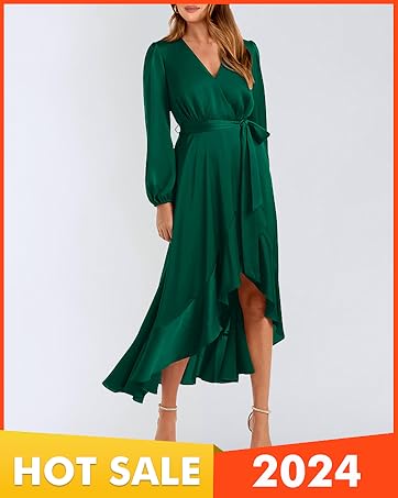 Wrap V Neck Dresses for Wedding Guest Casual Pleated Long Sleeve Midi Dress Ruffle Smocked Dress