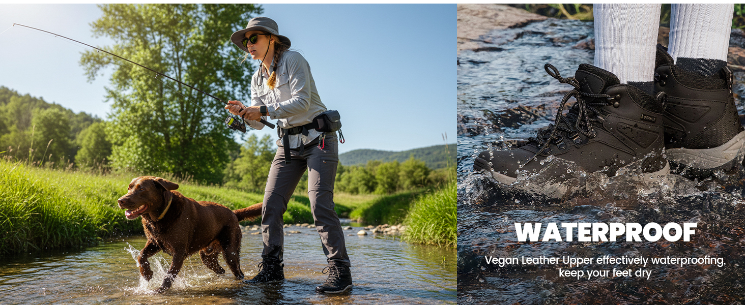 Text reads "WATERPROOF". Split image showing someone with a dog by a stream, and boots in muddy conditions, demonstrating waterproof functionality.