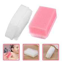 Set of white and pink cleaning sponges shown individually and in use, with multiple panel demonstration of cleaning applications.