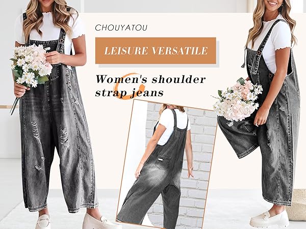 Amazon.com: chouyatou Women Loose Adjustable Strap Denim Bib