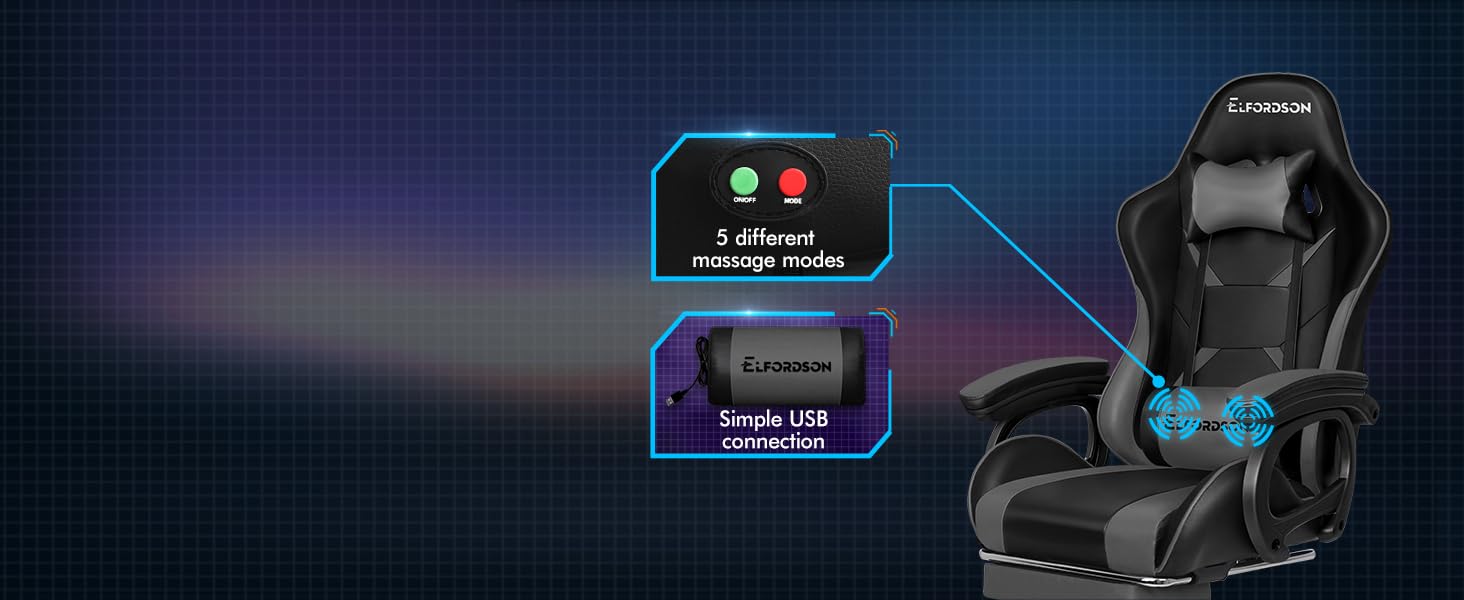 ELFORDSON Gaming Chair Lumbar Massage With Footrest, Grey & Black 11 2-1