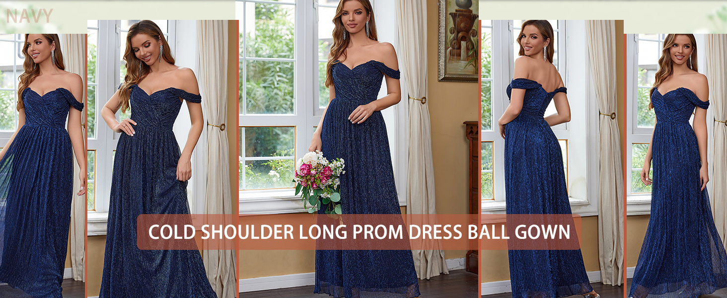 Off Shoulder Prom Dresses Long Sparkly Evening Ball Gown Glittery A Line Floor Length Formal Dress