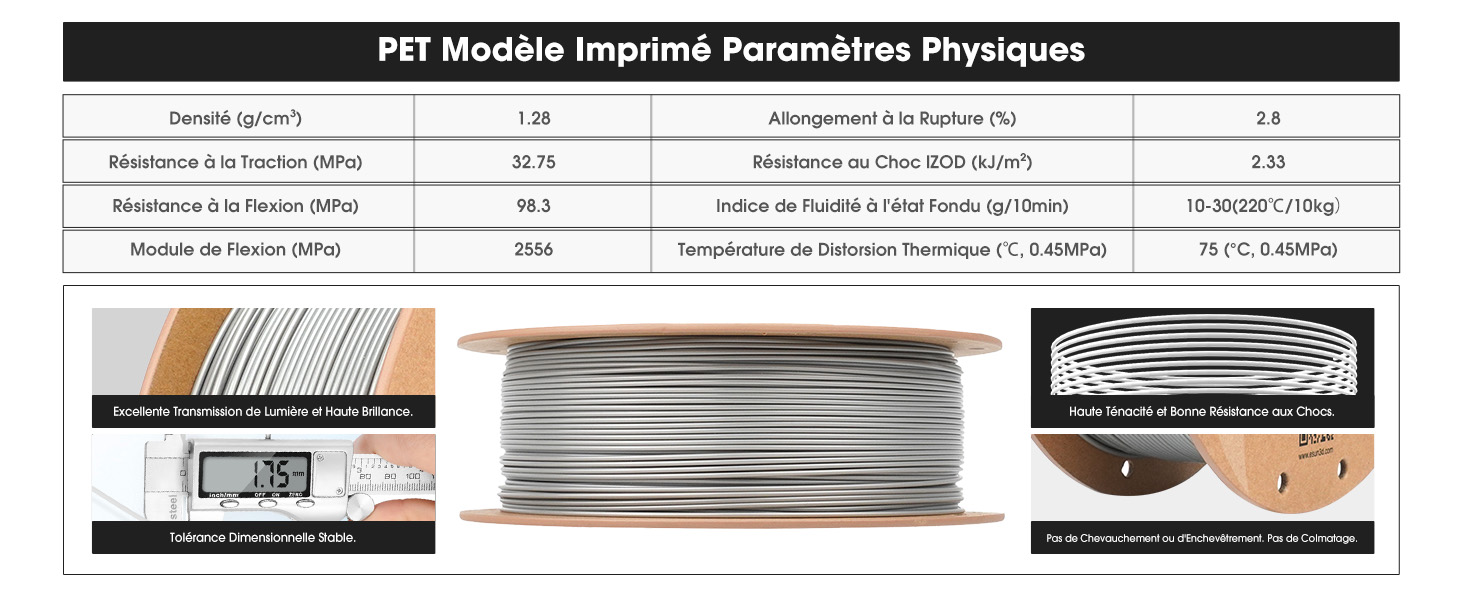 avec tableau des spécifications techniques. Filament métallique argenté visible. L'affichage numérique de l'échelle indique un diamètre de 1,75 mm. L'emballage met en évidence une résistance à des températures allant jusqu'à 230 °C.