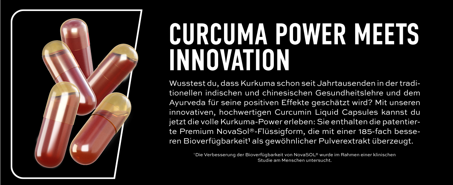 Rote und gelbe Kapseln, X-förmig auf dunklem Hintergrund angeordnet, mit dem Text „Curcuma Power“, der das innovative Ergänzungsdesign hervorhebt