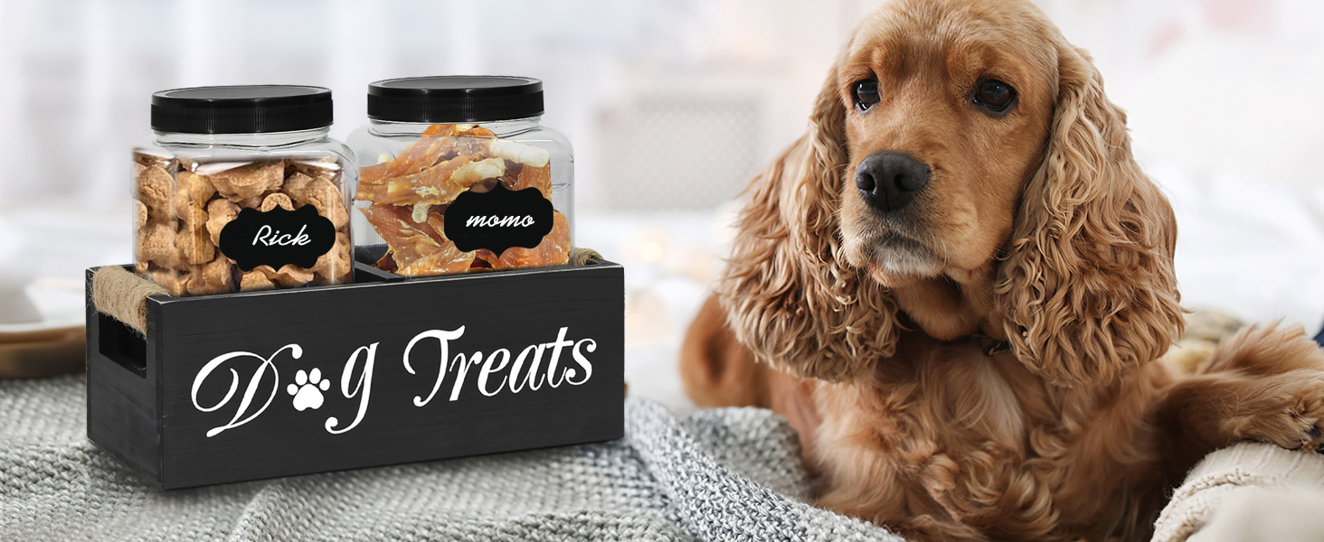 Dog Treat Container, Wooden Dog Treat Organizer with 2 Dog