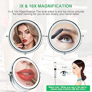  Lighted Makeup Mirror with Magnification, 8" Rechargeable 1X 10X Magnifying Vanity Mirror