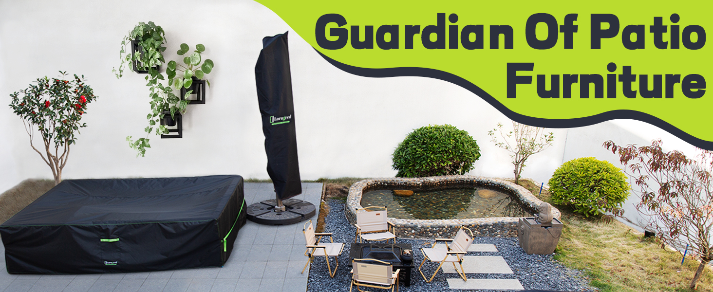 Outdoor furniture cover product labeled 'Guardian Of Patio Furniture'. Green text on white background with potted plants and covered furniture visible.