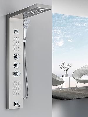 SUGUWORD Thermostatic Shower Tower Panel System Stainless Steel 5 Functions Rainfall Waterfall Shower Head Hydroelectricity Massage Jet Handheld Shower Sprayer Wall Mounted Black 11 1